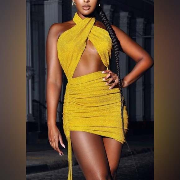 Miss Circle Gold Metallic Twist Neck Mini Dress - Picture 2 of 4